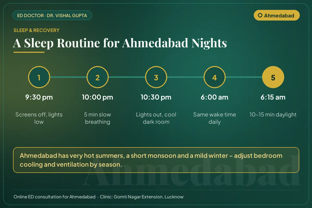 Nightly sleep routine for better testosterone and erectile health, adapted to Ahmedabad's climate