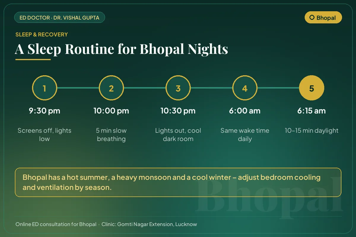 Nightly sleep routine for better testosterone and erectile health, adapted to Bhopal's climate