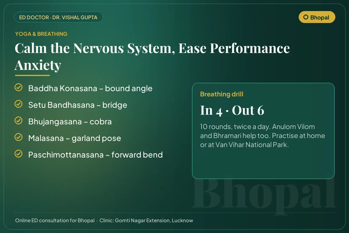 Yoga poses and a breathing drill for performance anxiety, for men practising in Bhopal