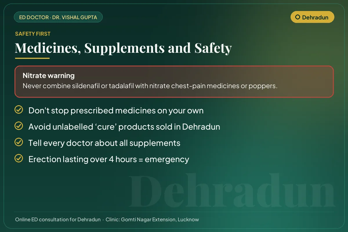 Medicine and supplement safety checklist for men in Dehradun, including the nitrate warning