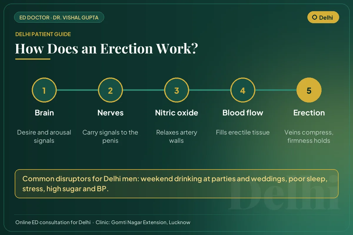 Diagram for Delhi patients: how brain, nerves, nitric oxide and blood flow create an erection