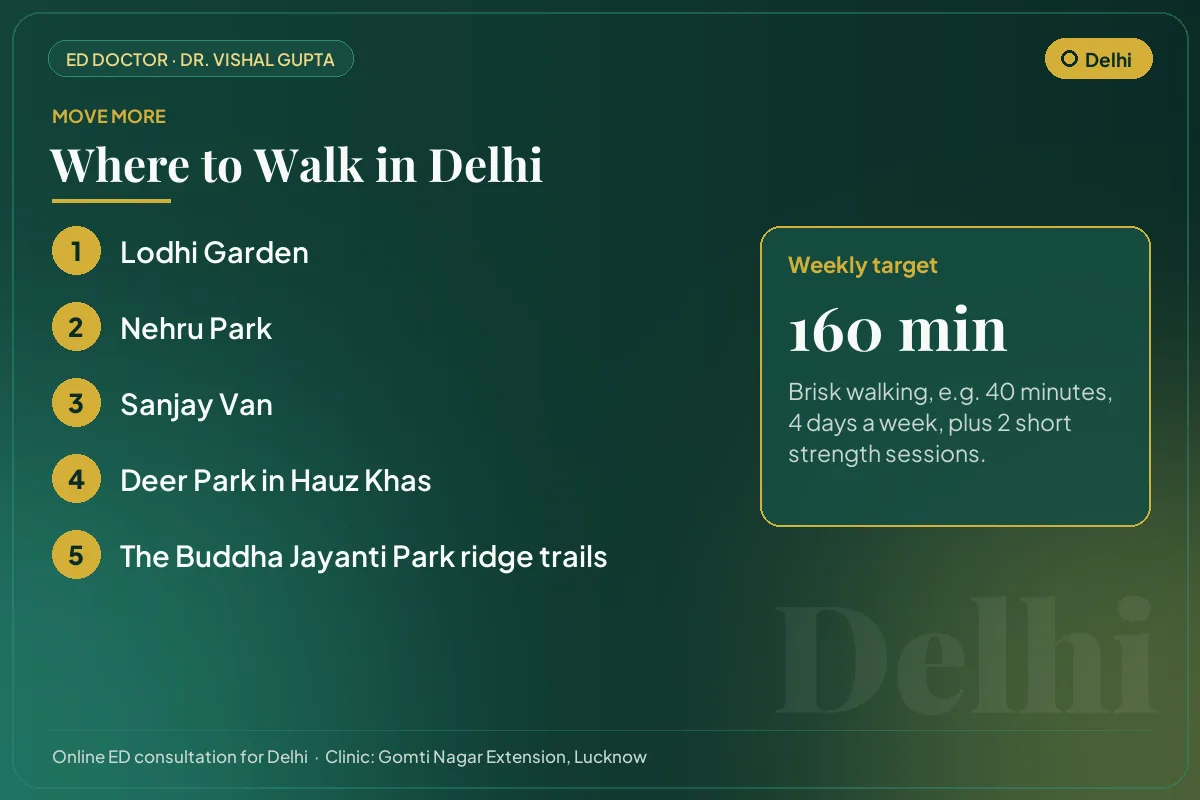 Places to walk in Delhi, such as Lodhi Garden, with a weekly exercise target for erectile health