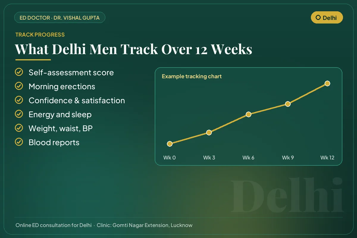Example 12-week progress chart and the markers Delhi patients track for erectile health