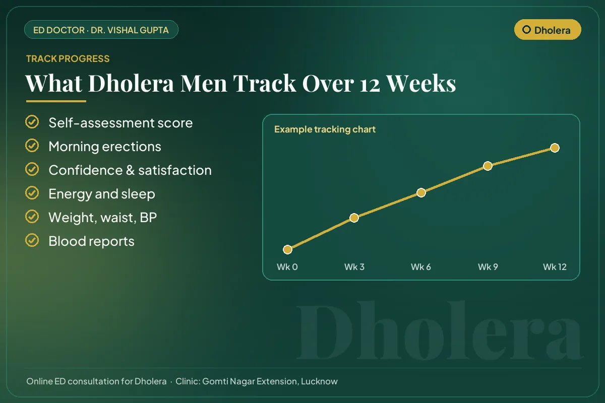 Example 12-week progress chart and the markers Dholera patients track for erectile health