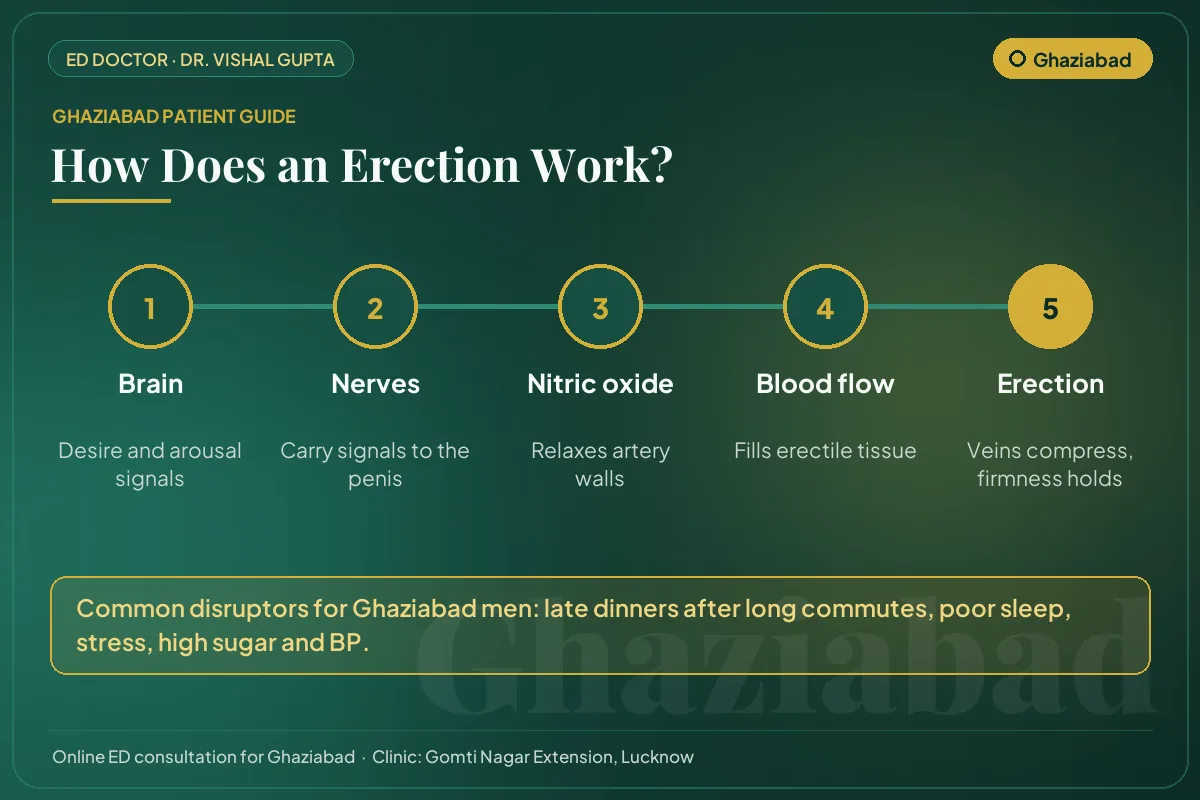 Diagram for Ghaziabad patients: how brain, nerves, nitric oxide and blood flow create an erection