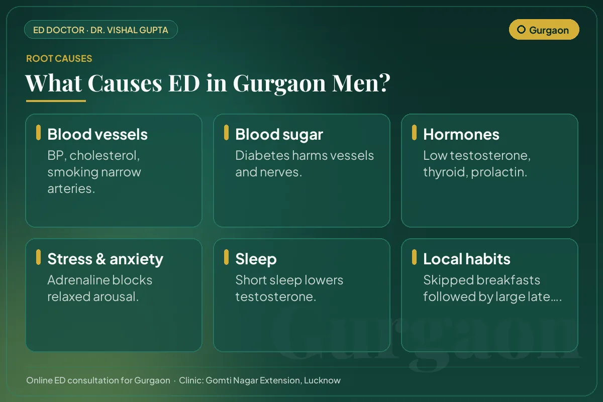 Six common causes of erectile dysfunction among men in Gurgaon, including local lifestyle habits