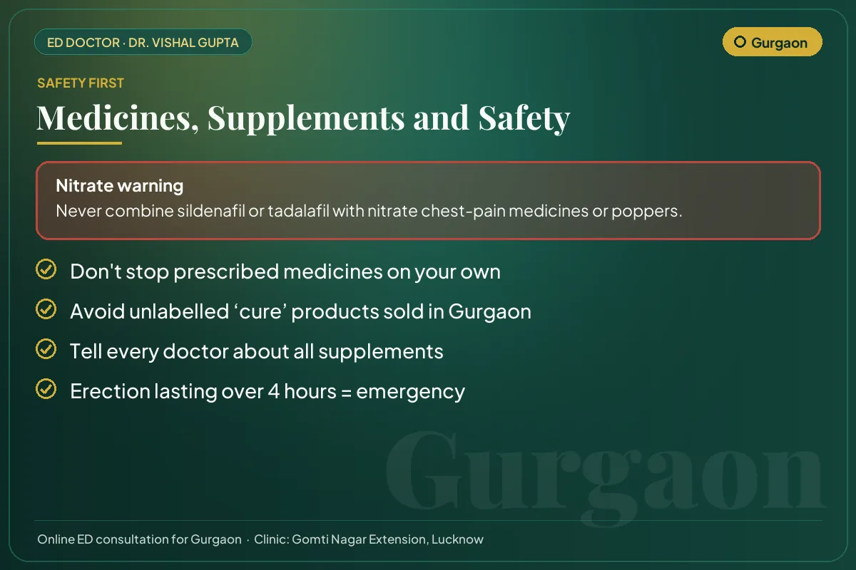 Medicine and supplement safety checklist for men in Gurgaon, including the nitrate warning