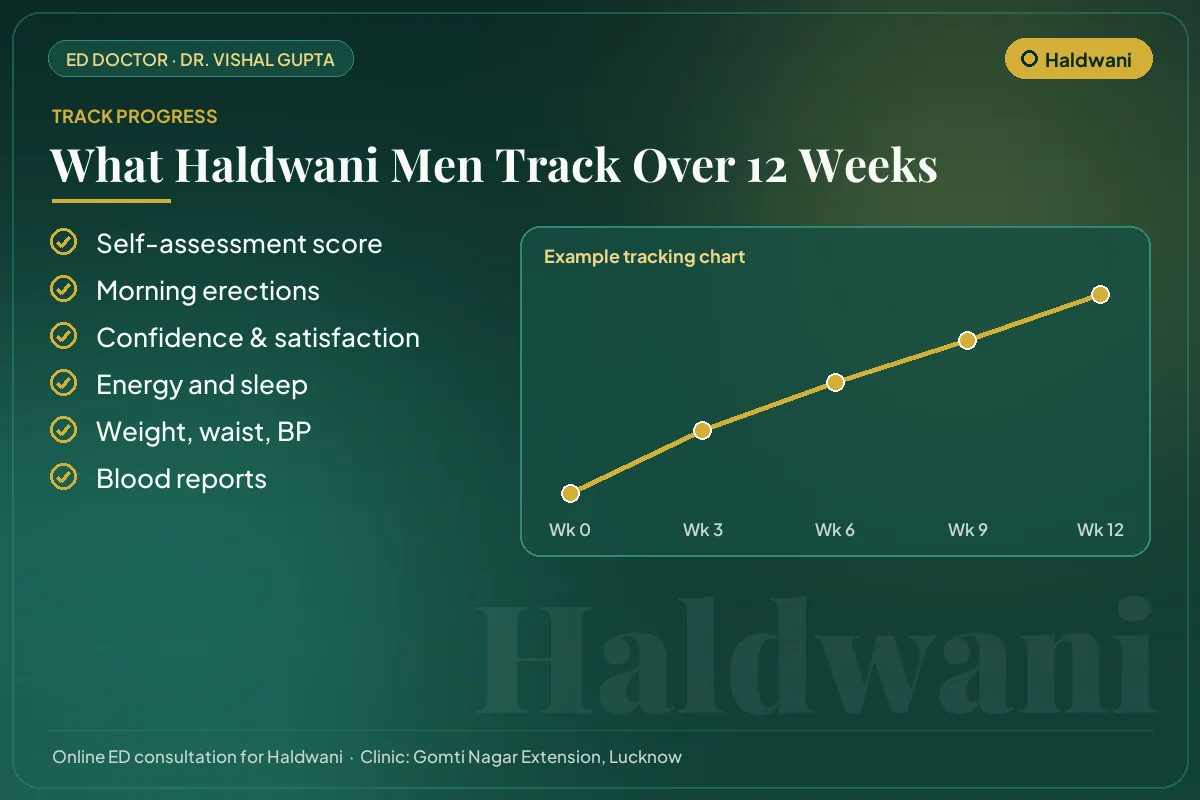 Example 12-week progress chart and the markers Haldwani patients track for erectile health