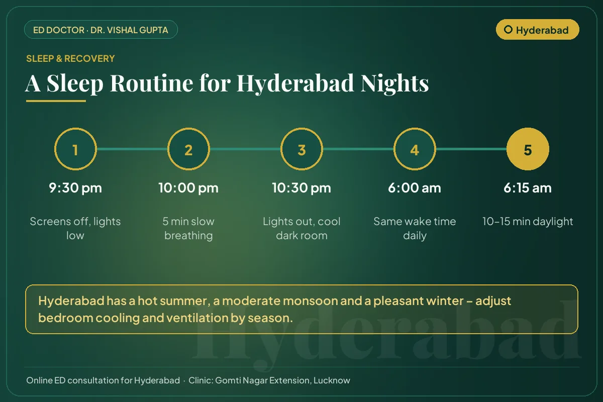 Nightly sleep routine for better testosterone and erectile health, adapted to Hyderabad's climate