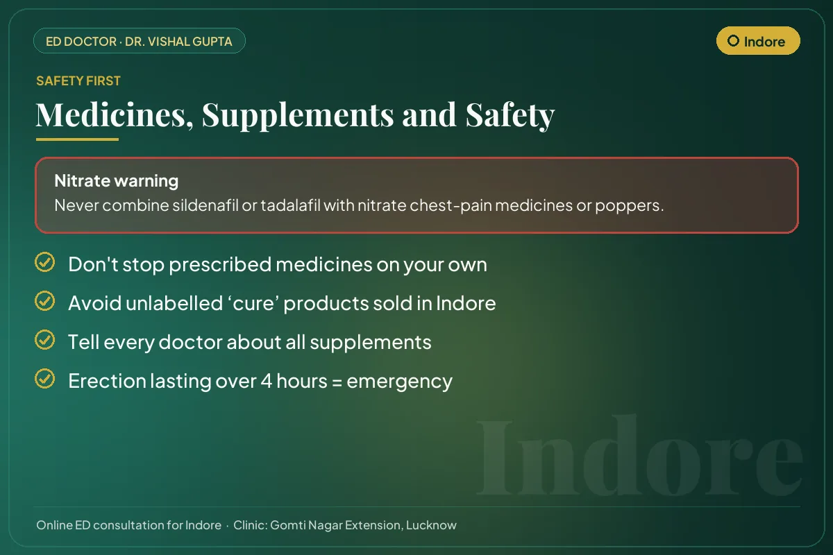 Medicine and supplement safety checklist for men in Indore, including the nitrate warning