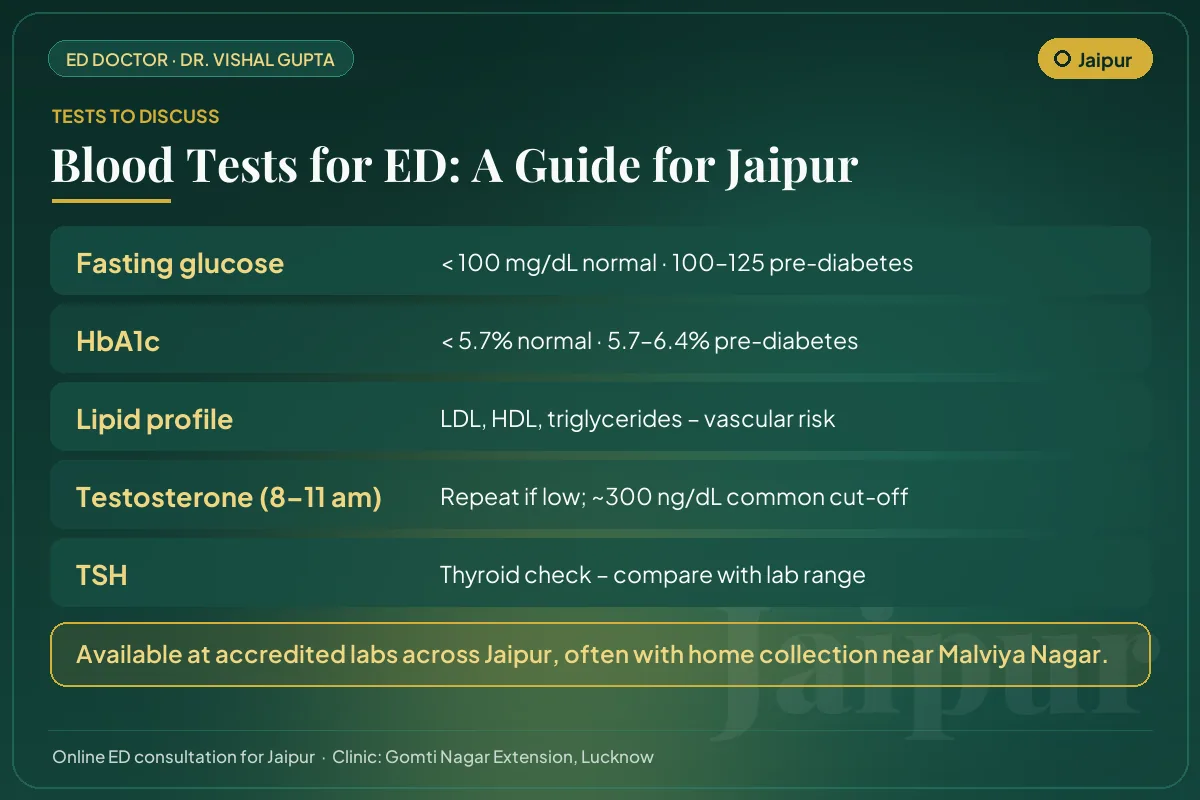 Blood tests for erectile dysfunction explained for Jaipur men: glucose, HbA1c, lipids, testosterone and thyroid