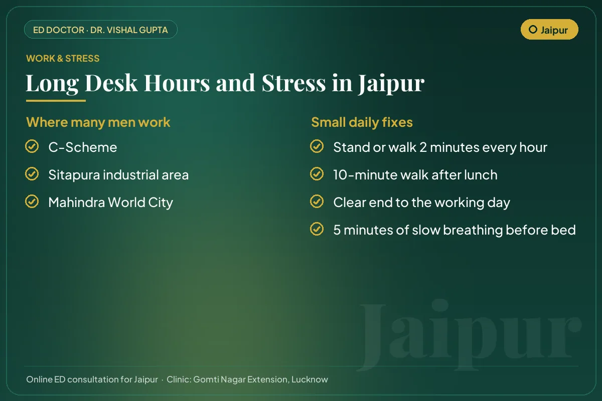 Work hubs in Jaipur and simple daily fixes for desk hours and stress that affect erectile health