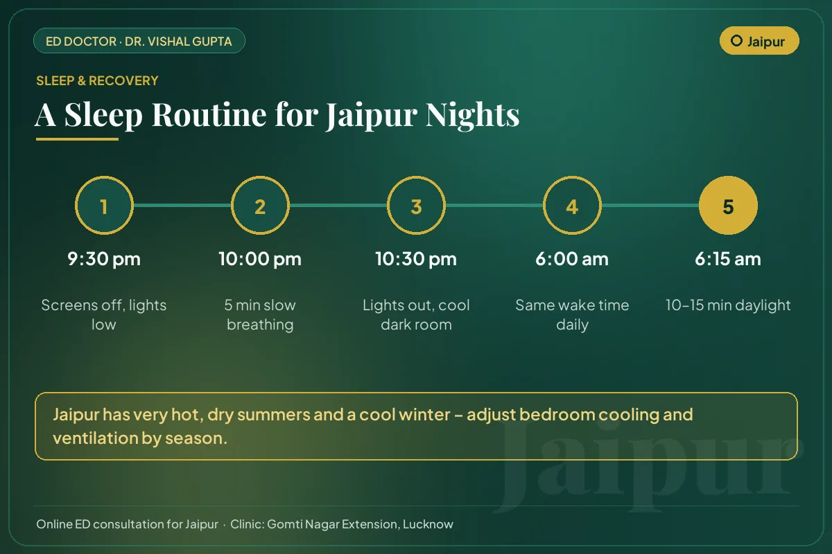Nightly sleep routine for better testosterone and erectile health, adapted to Jaipur's climate