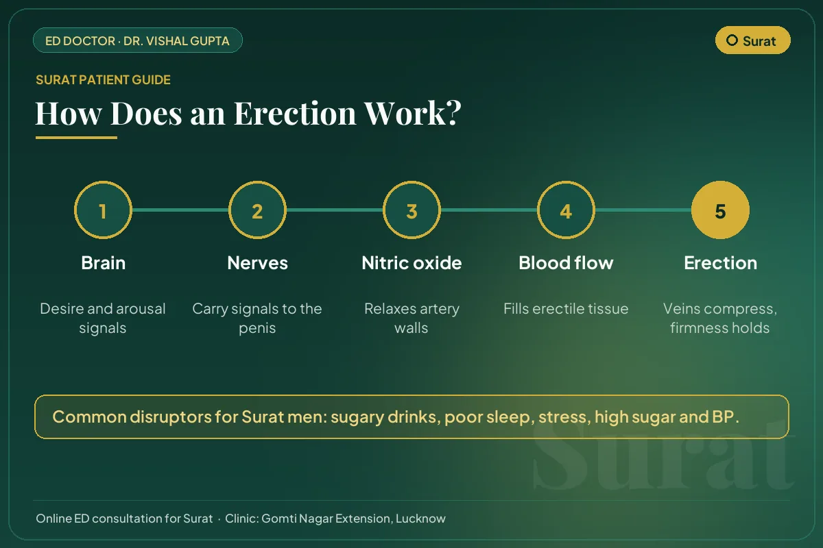 Diagram for Surat patients: how brain, nerves, nitric oxide and blood flow create an erection