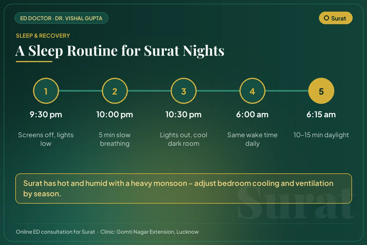 Nightly sleep routine for better testosterone and erectile health, adapted to Surat's climate