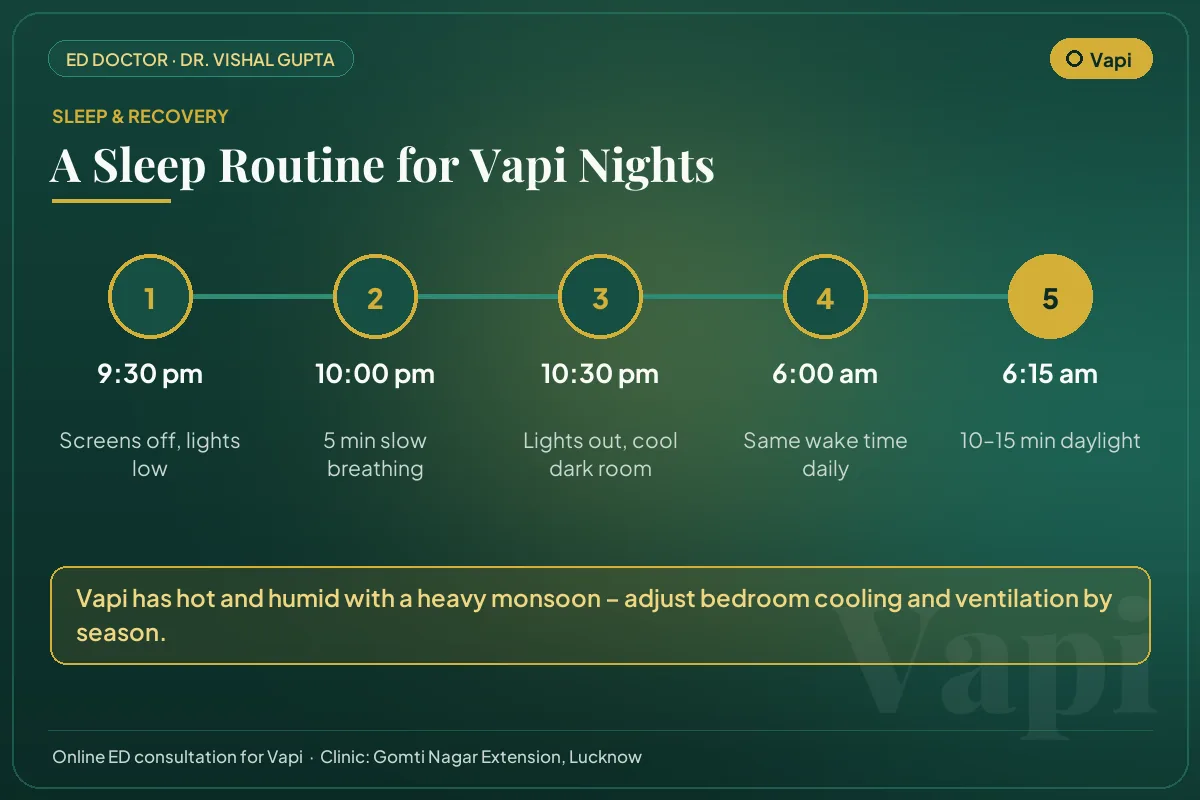 Nightly sleep routine for better testosterone and erectile health, adapted to Vapi's climate