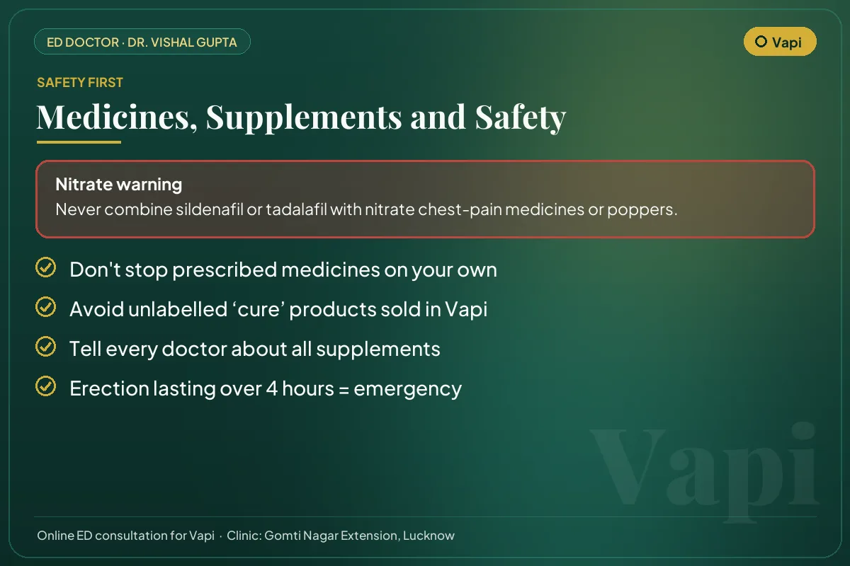 Medicine and supplement safety checklist for men in Vapi, including the nitrate warning