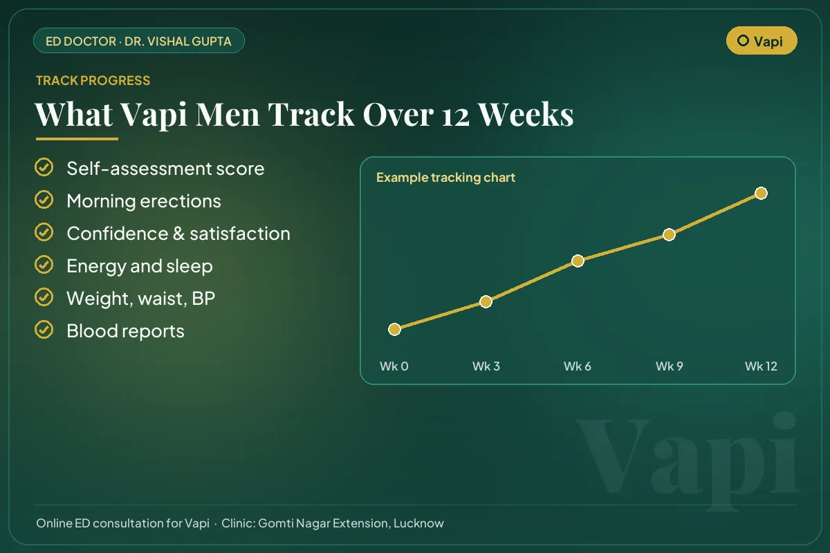 Example 12-week progress chart and the markers Vapi patients track for erectile health