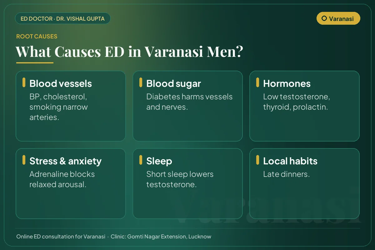 Six common causes of erectile dysfunction among men in Varanasi, including local lifestyle habits